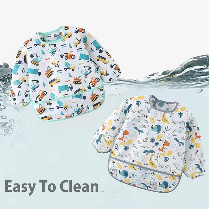 5 Pack Long Sleeve Bib,Baby Toddler Waterproof Sleeved Bib for 6-30 Months Reusable with Catch-all Pocket-CubbioJoy