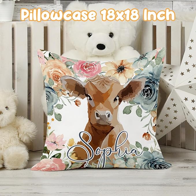 Custom Crib Bedding Set - Highland Cow Design Personalized Name Baby Nursery Bed 3 Pcs Set - Chic Soft Blanket with Dotted Backing, Sheet, Pillowcase for Newborn Girls Boys Gifts Color03-CubbioJoy