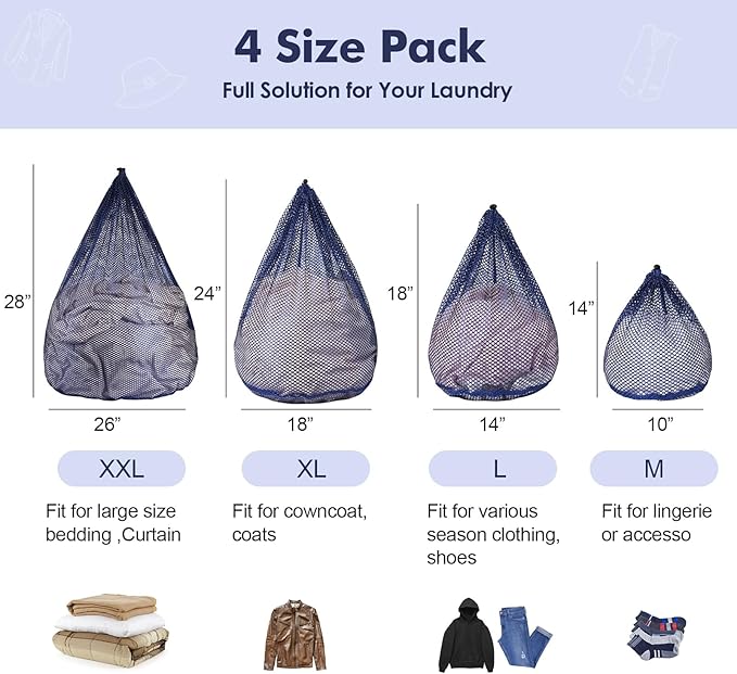 4Pcs Mesh Laundry Bags Washing Machine Mesh Wash Bags for Clothes,Underwear,Lingerie, Bed Linen with Drawstring Closure Sturdy(4 Size, Blue)-CubbioJoy