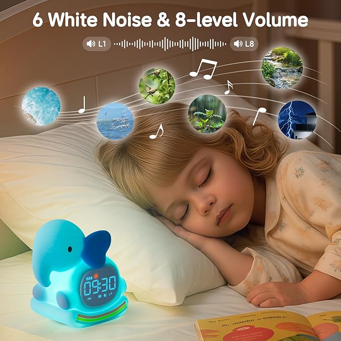 Alarm Clock for Kids with Night Light, Sleep Training Clock Time to Wake Clock, Rechargeable Silicone Light for Bedroom, Perfect Sleep Companion for Boys Girls，Blue Elephant-CubbioJoy
