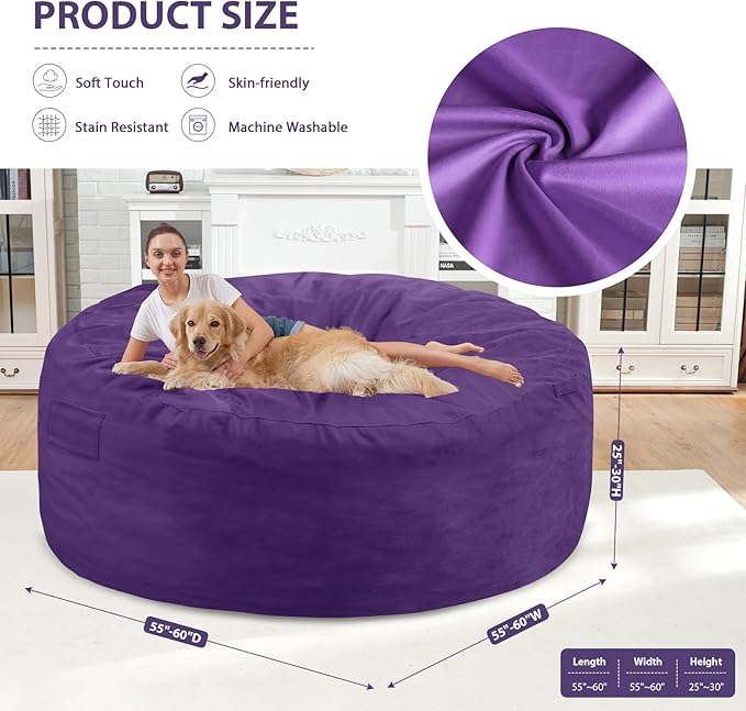6FT Bean Bag Chair, Large Bean Bag Chairs with Memory Foam Filled, Fluffy Beanbag Sofa with Dutch Velvet Cover, Round BeanBag Chairs for Living Room, Playroom - Purple-CubbioJoy
