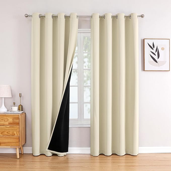 ChrisDowa 100% Blackout Curtains 72 inch Long for Bedroom with Black Liner, 2 Thick Layers Total Blackout Thermal Insulated Grommet Window Curtains 2 Panels Set (Light Beige, 52 x 72 Inch)-CubbioJoy