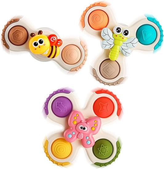 ALASOU 3PCS Pop Suction Cup Spinner Toys for 1 Year Old Boy Girl|Novelty Spinning Tops Toddler Toys Age 1-2|Sensory Baby Bath Toy for Toddlers 1-3|12 18 Months Boy Birthday Gift for Infant-CubbioJoy