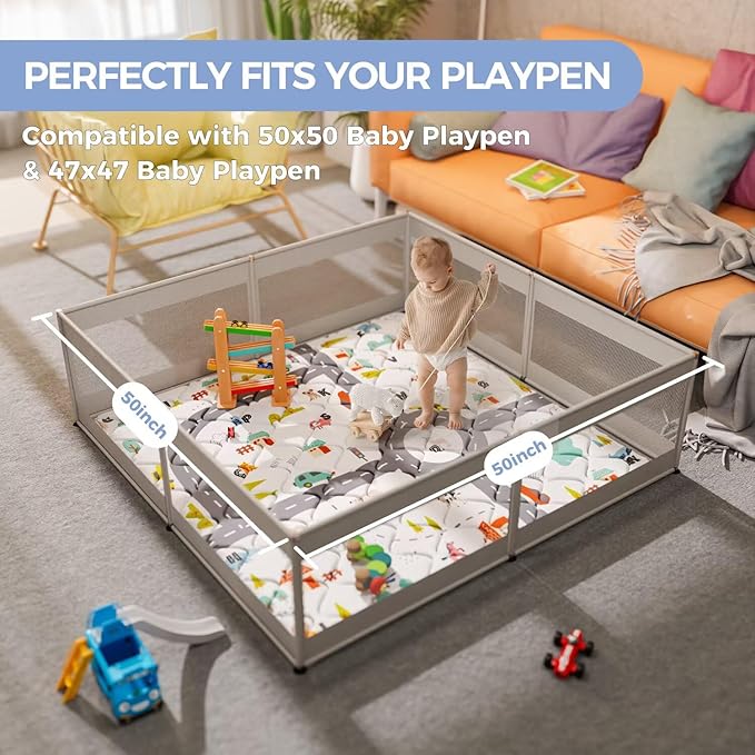Car Portable Baby Play Mat 50x50 Playpen Mat Upgraded Thicken Baby Floor Play Mat Non-Slip Cushioned Crawling Mat Waterproof Activity Playmats for Babies Toddlers Infants (50x50, Letter Car)-CubbioJoy