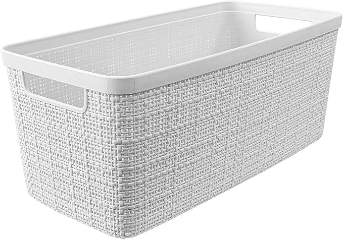 Curver Jute Decorative Plastic Organization and Storage Basket Perfect Bins for Home Office, Closet Shelves, Kitchen Pantry and All Bedroom Essentials, Slim, White, Set of 8-CubbioJoy