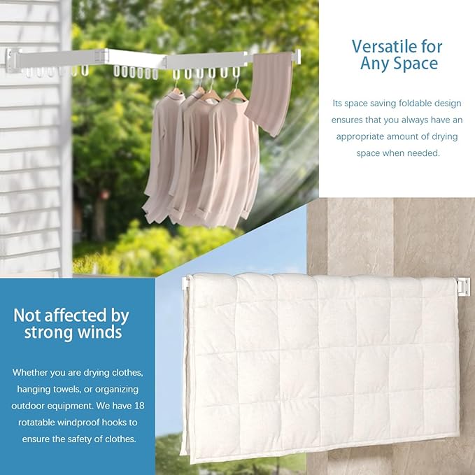 Clothes Drying Rack Wall Mounted,Space Saving Wall Drying Rack,Retractable Collapsible Tri-Fold,for Bathroom,Balcony,Outdoor lndoor with Laundry,White-CubbioJoy