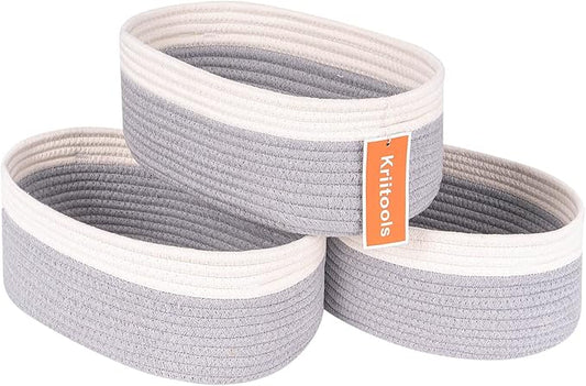 Baskets for Shelf Storage Cute Basket to Store and Organize Household Items/Woven Rope Basket for Living Room, Bedroom,Playroom/Durable Small Oval-13x8.66x5.11’’,3 Packs Off White&Gray-CubbioJoy
