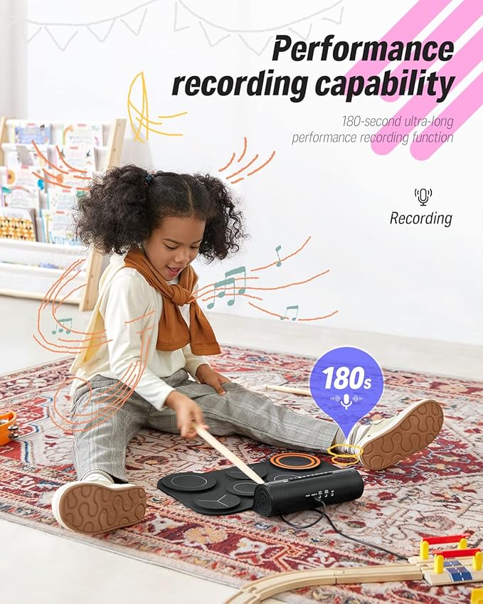 Donner Electronic Drum Set, 7 Pads Electric Drum Pad Roll Up Quiet Drum Pad Built-in Speaker, 40 Drum Lessons Included, Kids Holiday Christmas & Birthday Gift Instrument Toys(DED-20)-CubbioJoy