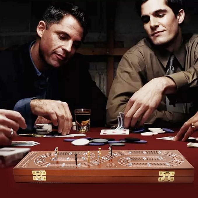 Cribbage Board Game Set 3 Tracks, Plusvivo Solid Oak Wood Cribbage Boards Unique with 9 Metal Pegs & 2 Storage Area, 15.5 X 4.9 X 1.2 in Travel Portable Cribbage Game Sets for Family-CubbioJoy