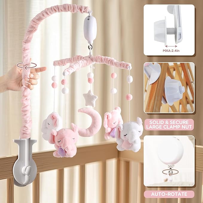 Baby Crib Mobile - Elephant Mobile for Crib with 25 Inches Mobile Arm and 35 Lullabies Musical Box, 3 Modes Digital, Volume Control, Essential Gift for Infant Boys Girls Bedroom Hanging Decor-CubbioJoy