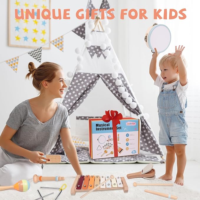 Baby Musical Instruments Set - Montessori Wooden 18 Month Old Baby Musical Toys, Toddler Percussion Instruments Xylophone Maracas Tambourine for Kids, 2 3 4 Year Old Baby Girls Boys Birthday Gifts-CubbioJoy