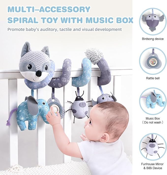 Jollybaby Baby Car Seat Stroller Toys, Plush Activity Hanging Spiral Activity Pram Crib with Music Box, Rattles, Squeaker for Babies Infant Boys Girls(Grey Fox)-CubbioJoy