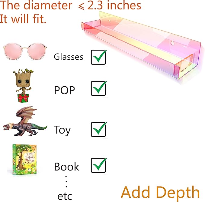 8 Pack 15 Inch Iridescent Acrylic Shelves, Clear Rainbow Kids Floating Bookshelf for Kids Room, Modern Sunglasses Essential Oil Picture Ledge Display Toy Storage Wall Shelf-CubbioJoy