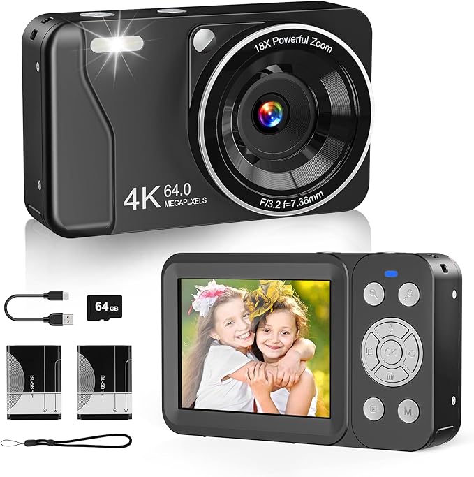Digital Camera, 4K 64MP, 18X Zoom, Point and Shoot Digital Camera with 64GB TF Card & 2 Batteries, Portable Rechargeable Small Camera for Kids Teens Adult, Black-CubbioJoy
