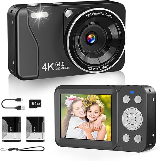 Digital Camera, 4K 64MP, 18X Zoom, Point and Shoot Digital Camera with 64GB TF Card & 2 Batteries, Portable Rechargeable Small Camera for Kids Teens Adult, Black-CubbioJoy