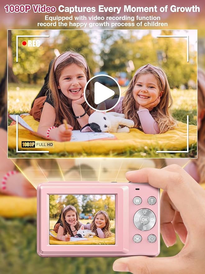 Digital Camera,FHD 1080P Kids Camera 44MP Point and Shoot Digital Cameras with 32GB Card,16X Zoom,Anti-Shake,Date Stamp,Compact Small Cameras Photography for Kids Student Teen Girl Boy(Pink)-CubbioJoy