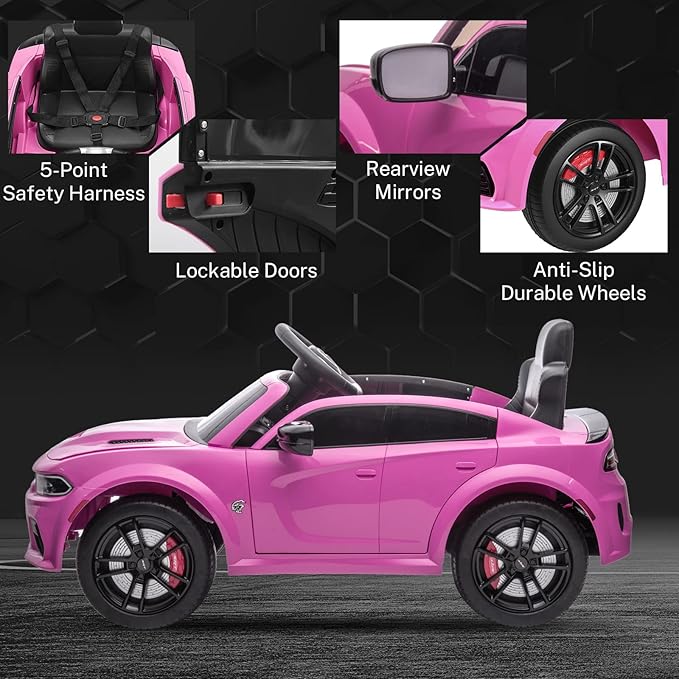 12V 7Ah Kids Electric Ride on Car, Licensed Dodge Charger SRT Hellcat, Battery Powered 4-Wheels Toy Car Electric Vehicle for Kids with Remote Control, 3 Speeds, LED Lights, Music (Pink)-CubbioJoy