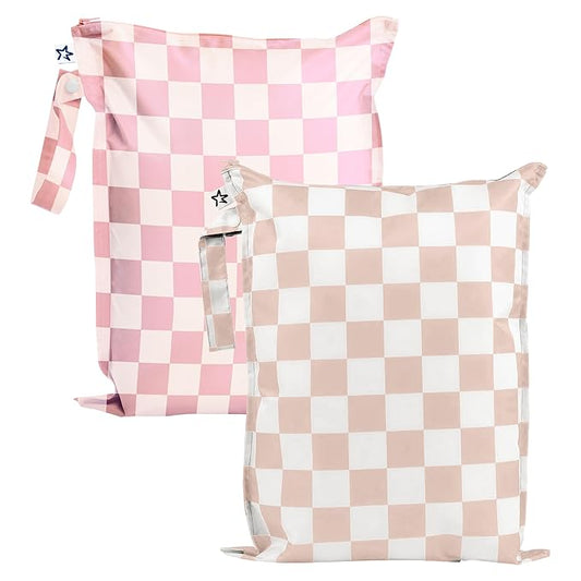 Tiny Twinkle Mess-Proof Waterproof Wet Dry Bag | 2-Pack Reusable Wet Bags for Swimsuits & Baby Clothes | Leakproof Wet Bag for Travel & Diaper Changes for Baby (Pink, Brown Checkers)-CubbioJoy