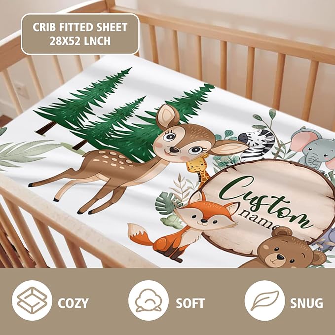 Custom Name Crib Bedding Set - Animal Theme, Personalized Nursery Bedding 3-Piece Set– Soft Blanket, Fitted Sheet, Changing Pad Cover – for Newborns Boys Girls Nursery Gifts-CubbioJoy