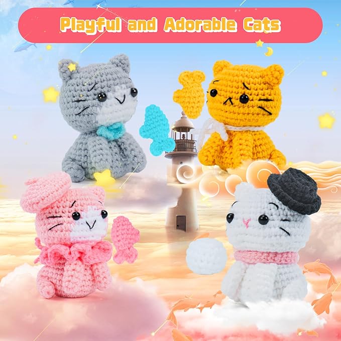 Crochet Kit for Beginners - Cat Crochet Kit with Step-by-Step Video Tutorials, Learn to Crochet Kits for Adults and Kids, 4 PCS Crochet Animals Cat with Hat, Toy, Fish Crocheting Set-CubbioJoy