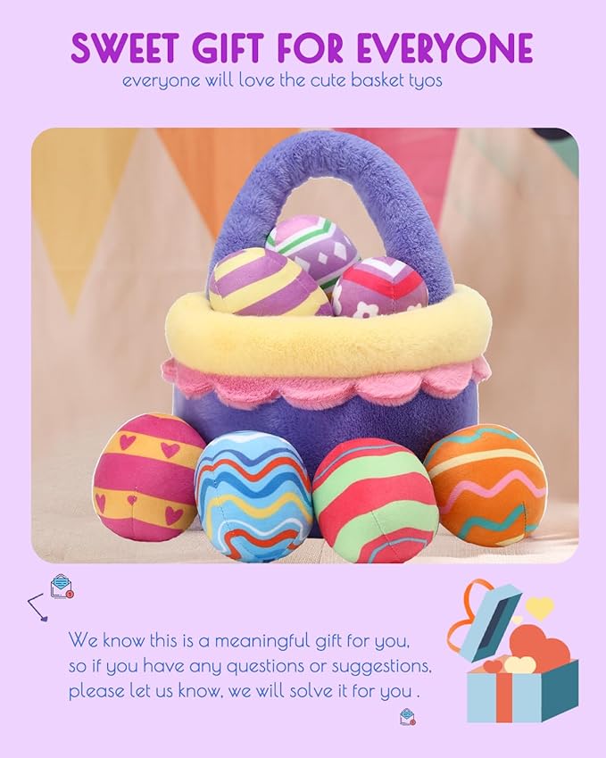 8 Piece Plush Stuffed Playset Toys with 7 Eggs, 1 Furry Bag, Soft Basket Set Sensory Toys for Girls Kids Ages 3+, Birthday Christmas Valentines Easter Party Favors Gifts-CubbioJoy