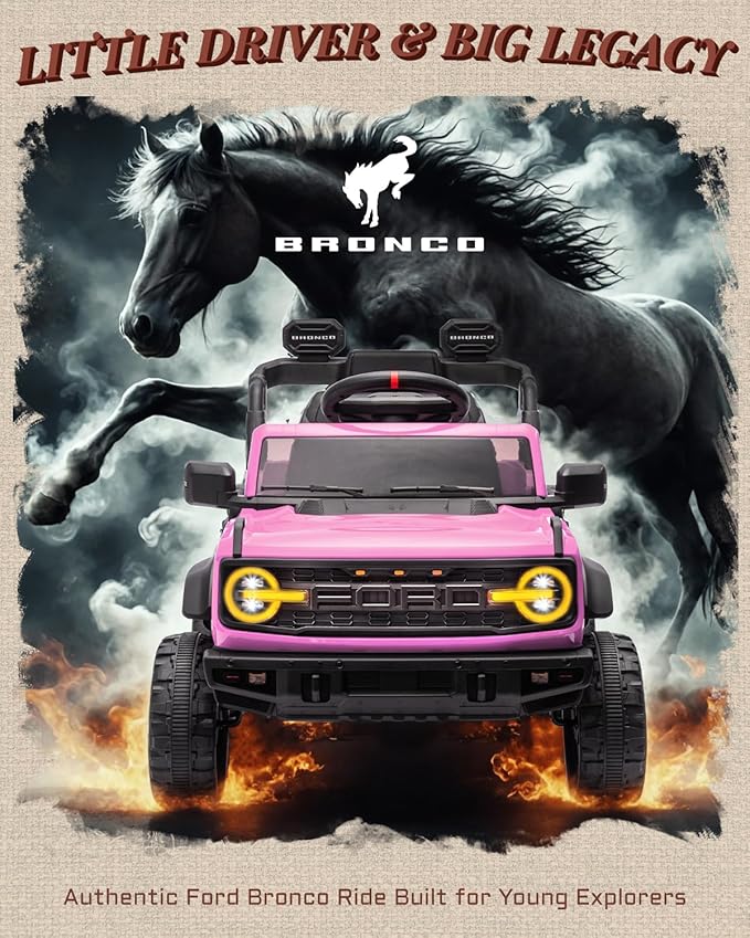 12V Electric Ride on Toys for Toddler, Ford Bronco Raptor Kids Ride on Car with Remote Control, 12 Volt Battery Powered Cars for Children with Smooth Start, Bluetooth (12V, Pink)-CubbioJoy