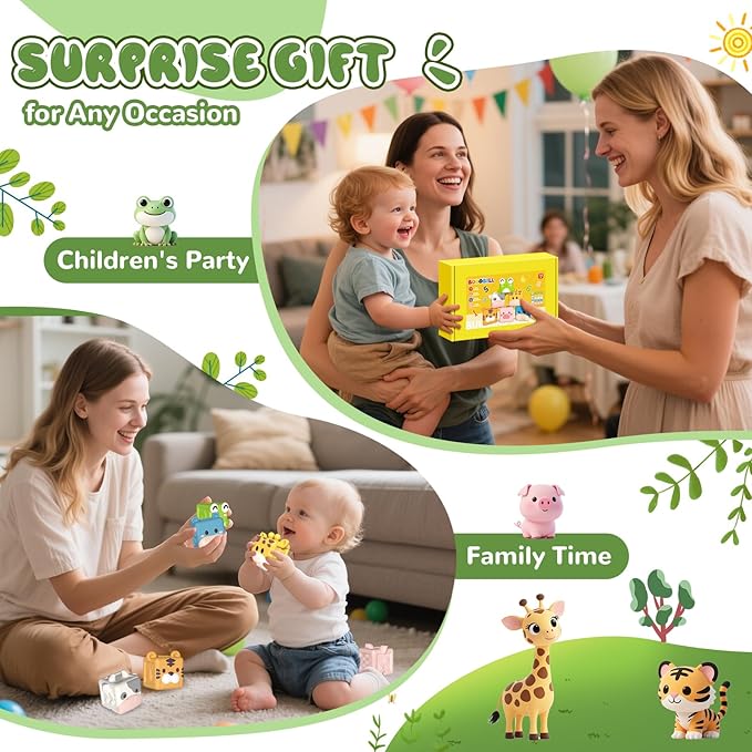 Animal Soft Gel Stacking Block Set Soft Silicone Baby Blocks Toys for 18 Months to 3 Years Old Early Learning Touch Bath Educational Toys with Numbers Animals Fruits Texture-CubbioJoy