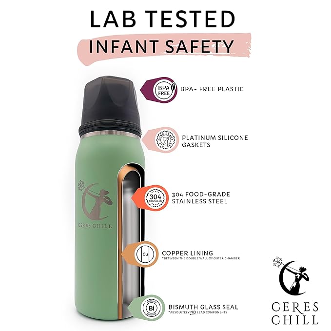 CERES CHILL OG Breastmilk Chiller, Reusable Storage Container, Up to 34 oz. - Bottle Cooler Keeps Milk at Safe Temperatures for Up to 20 Hours, Connects w/Most Pumps (Zen Green)-CubbioJoy