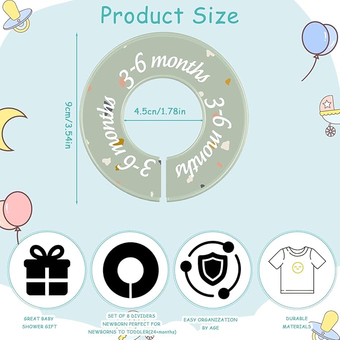 8 Pcs Baby Closet Dividers Unisex Baby Clothes Organizers Clear Labels for Nursery Closet Organizer & Decor Nursery Fits Most Rods(Donut,Light Color)-CubbioJoy