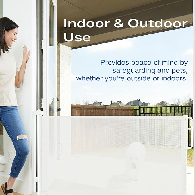 Cumbor 55" Wide Retractable Baby Gates for Stairs, Mom's Choice Award - Mesh Dog Gate for Doorways, Pet Safety Essential Fit for Baseboards, Wide Toddlers Gates for Hallways, Indoor & Outdoor, White-CubbioJoy