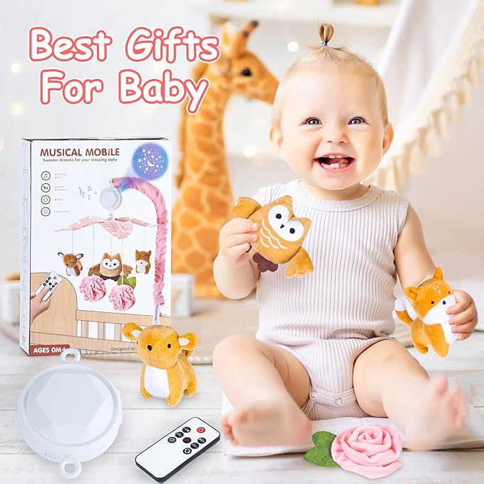 Baby Crib Mobile with Music and Lights, Mobile for Crib with Remote Control, Rotation, Starlight Projection, Crib Toys for Babies Boys Girls(Pink)-CubbioJoy