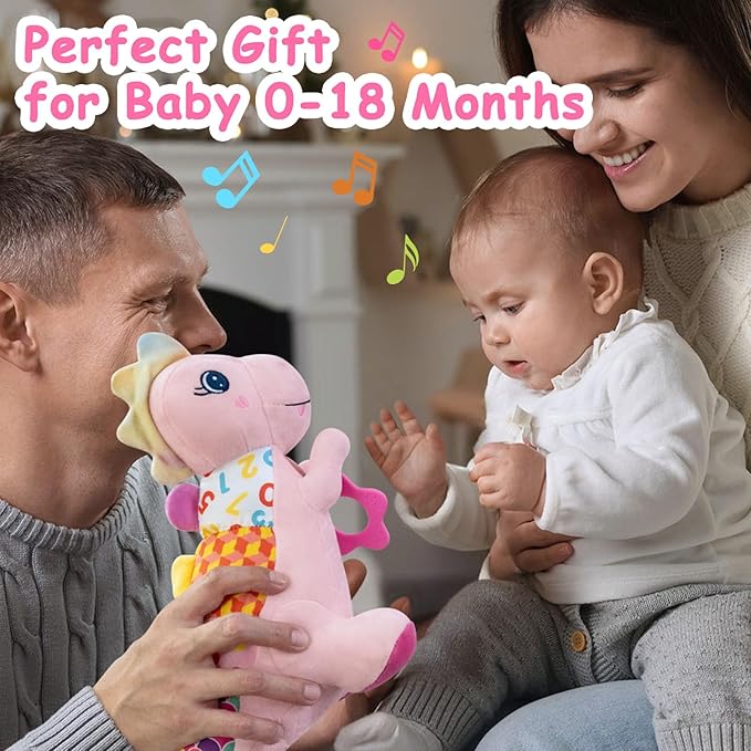 Baby Dino Plush Soft Stuffed Animal Toy for 0-3-6-12+ Months,Infant Musical Toy with Rattle,Squeaker,Sensory Crinkle,Teether & Textures,Tummy Time Toys Christmas Baby Gift for Newborn Girl(Pink)-CubbioJoy