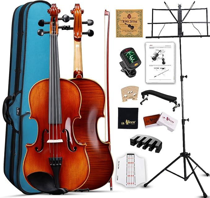Aileen Solid Wood Violin 4/4 Full Size for Adults and Kids Age 12+, Fiddle Set for Beginners Student, Professional Violin Starter Kit with 12 Accessories (Selected European Solid Spruce and Maple)-CubbioJoy