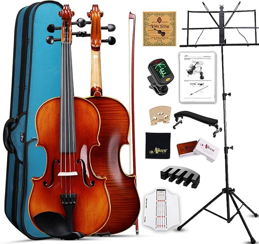 Aileen Solid Wood Violin 4/4 Full Size for Adults and Kids Age 12+, Fiddle Set for Beginners Student, Professional Violin Starter Kit with 12 Accessories (Selected European Solid Spruce and Maple)-CubbioJoy