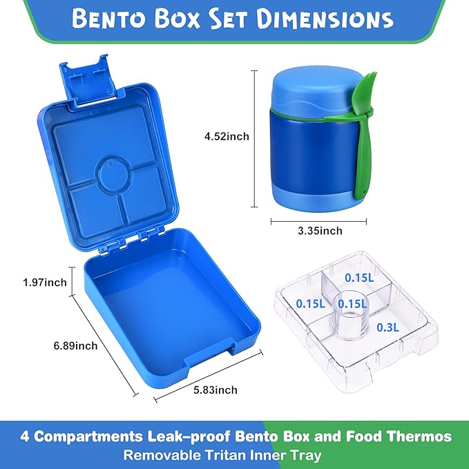 Bento Lunch Box Set With 10oz Soup Thermo, Leak-proof Lunch Containers with 4 Compartment, Kids Hot Thermo Food Jar/Insulation Lunch Bag, Food Containers for School （Blue）-CubbioJoy
