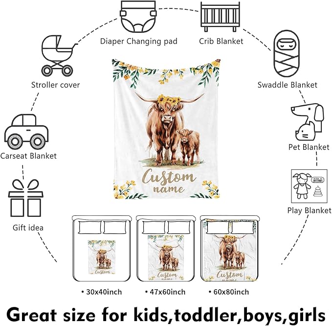 Custom Nursery Crib Bedding Set: Personalized Name 4 Piece Yellow Highland Cattle Design Baby Crib Sets for Girls - Toddler Double Layer Blanket Set, Comfortable Crib Bed Sheets for Baby Toddlers-CubbioJoy