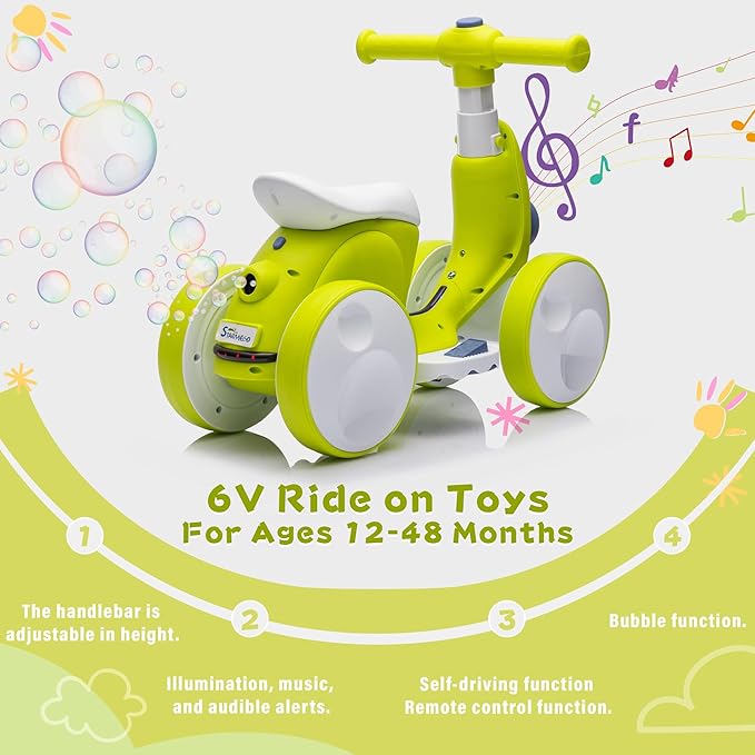 6V Electric Baby Balance Bike with Bubble Machine,4 in 1 Toddler Balance Bike w/Remote Control for 1 Year Old Boys Girls Kids Bubble Bike Ride on Toys w/Powered Motor,Music,LED Lights (Cyan)-CubbioJoy