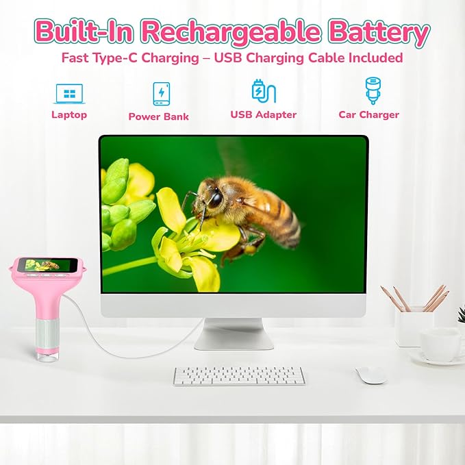 3" Screen Digital Microscope for Kids: 1000X Rechargeable Mini Pocket Portable Miniscope Magnifying Glass 4K Coin Jewelry Loupe Edu Science STEM Toy Xmas Gift 4-12 Boys Girls-CubbioJoy