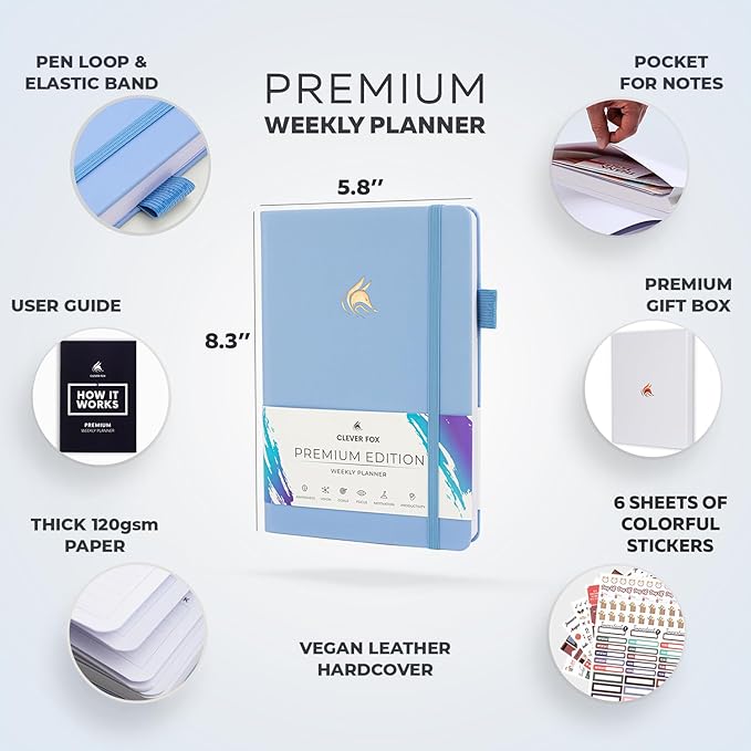 Clever Fox Planner Premium Edition – Undated Luxurious Weekly & Monthly Planner to Increase Productivity and Hit Your Goals – Organizer – Start Anytime, A5, Lasts 1 Year, Light Blue (Weekly)-CubbioJoy