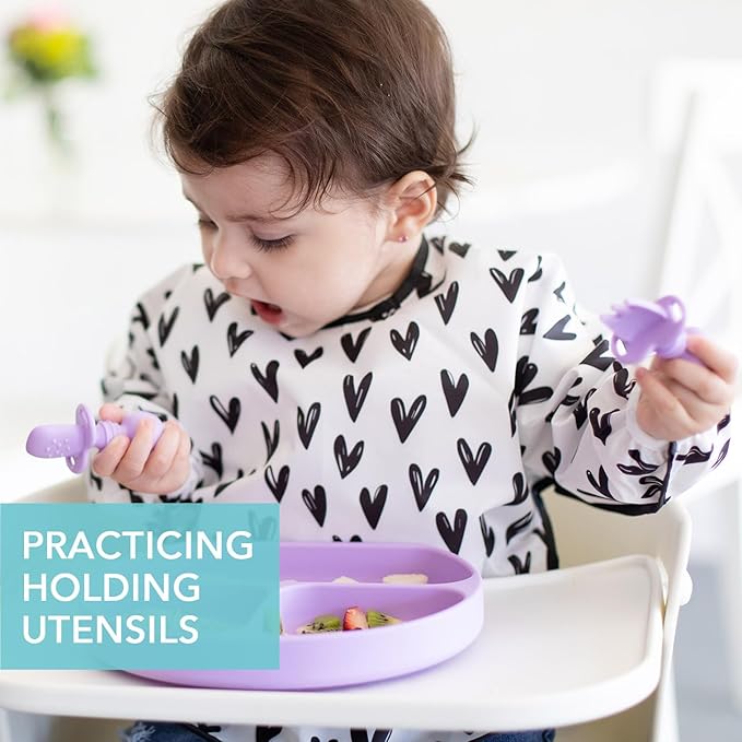 Bumkins Baby Utensils Set, Chewtensils Silicone Spoons for Dipping, Self-Feeding, Baby Led Weaning, Trainer Learning, First Stage Eating, Soft Practice Fork and Spoon, Babies 6 Months, Lavender-CubbioJoy