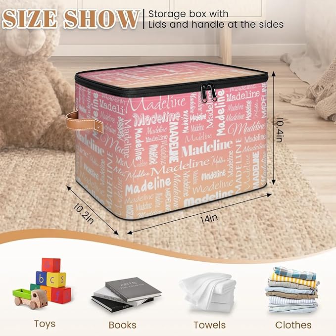 Custom Storage Basket with Name, Personalized Storage Bins with Zipper Lid, Foldable Fabric Storage Box Large capacity with Handle Pink Apricot-CubbioJoy