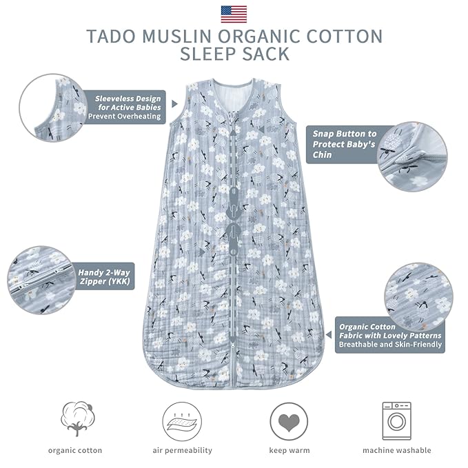 Baby Sleep Sack 2-4 T Baby Wearable Blanket 100% Organic Cotton 0.5 TOG Toddler Sleep Sacks 2- Way Zipper Soft 4 Layers 2T 3T 4T Sheep-CubbioJoy