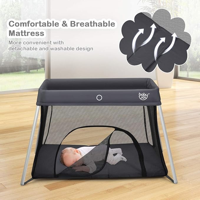 BABY JOY Baby Foldable Travel Crib, 2 in 1 Portable Playpen with Soft Washable Mattress, Side Zipper Design, Lightweight Installation-Free Home Playard with Carry Bag, for Infants & Toddlers (Grey)-CubbioJoy