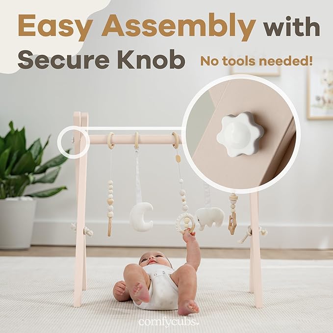 Comfy Cubs Wooden Baby Play Gym - Natural Finish Pinewood Baby Activity Gym with 5 Sensory Hanging Toys - Easy No-Tool Assembly, Safe and Durable for Infant Motor and Visual Development - Blush-CubbioJoy