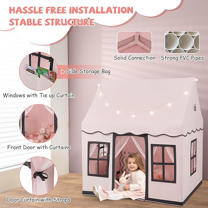 INFANS Kids Play Tent with Washable Mat Star Light Windows, Anti-Trip Large Playhouse Toys for Children Boys Girls, Indoor Outdoor Princess Tents Castle for Toddlers (Pink)-CubbioJoy
