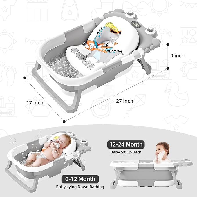 Collapsible Baby Bathtub for Newborns to Toddler with Real-time Temp Monitor & Floating Cushion,Portable Travel Tub for 0-36 Month, Foldable Baby Bath Tub for Infants Boy (Grey)-CubbioJoy