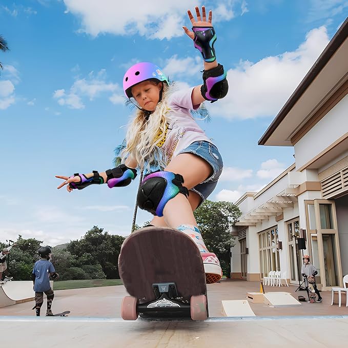 Adjustable Kids Bike Helmet with Knee & Elbow Pads Set, Color Gradient Design for Boys and Girls Aged 3-14+, for Skateboarding, Scooter, Roller & Inline Skating, Longboard-CubbioJoy