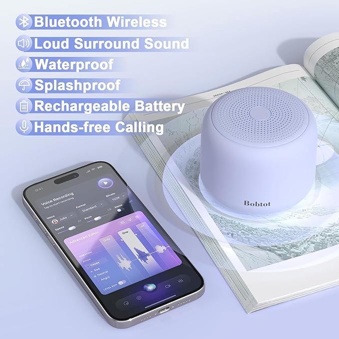Bobtot Portable Bluetooth Speakers with Strap Easy to Carry, Wireless IPX5 Waterproof Mini Speaker with Loud Stereo Sound, 20 Hours Playtime, Rechargeable Battery, Built-in Microphone, Purple-CubbioJoy