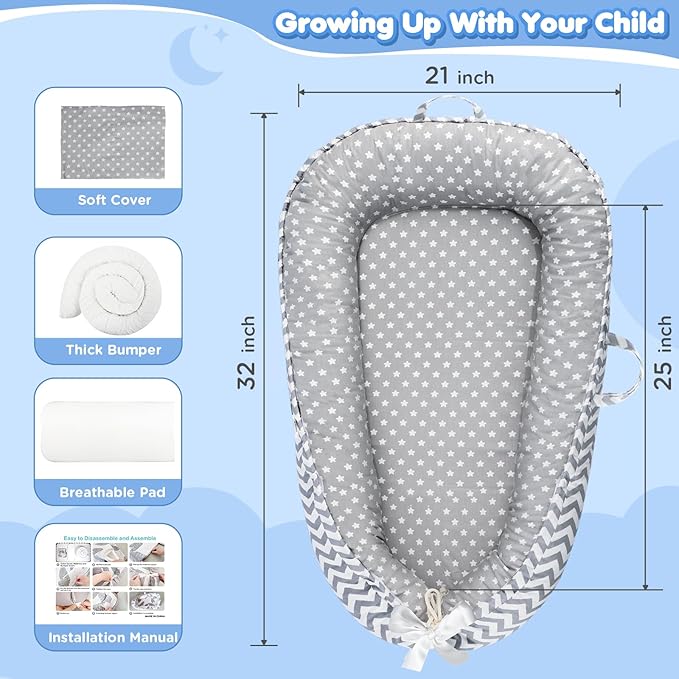 Baby Lounger - Baby Lounger for Newborn 0-24 Months, Breathable and Soft Cotton Cover Baby Nest, Portable Cozy Tummy Time Lounger for Home and Travel, Ideal Baby Essentials & Shower Gifts-CubbioJoy