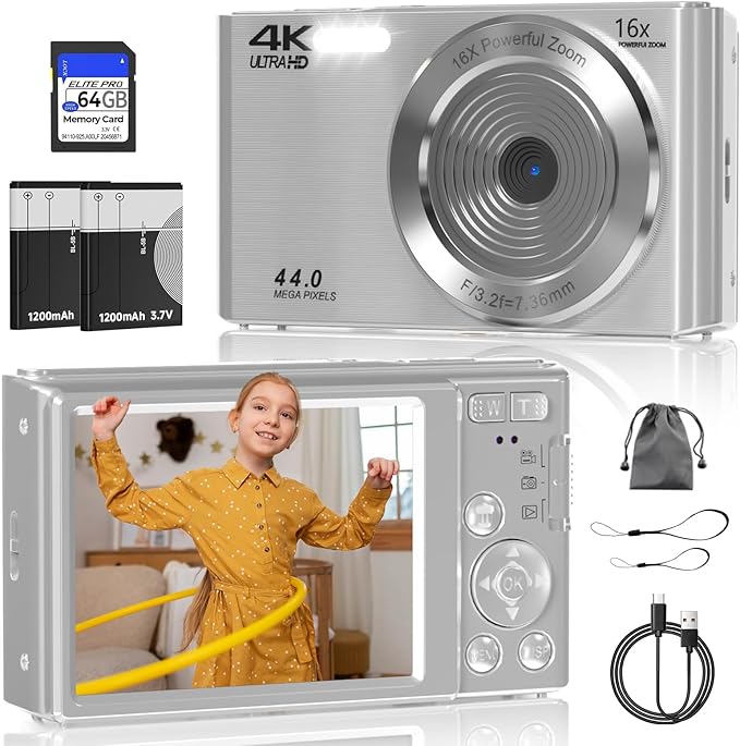 Digital Camera, FHD 4K 44MP Digital Camera, 16X Digital Zoom, Digital Point and Shoot Camera with 3-LED Fill Lights, 64GB SD Card, Compact Camera for Kids Teen Boys Girls, Sliver-CubbioJoy